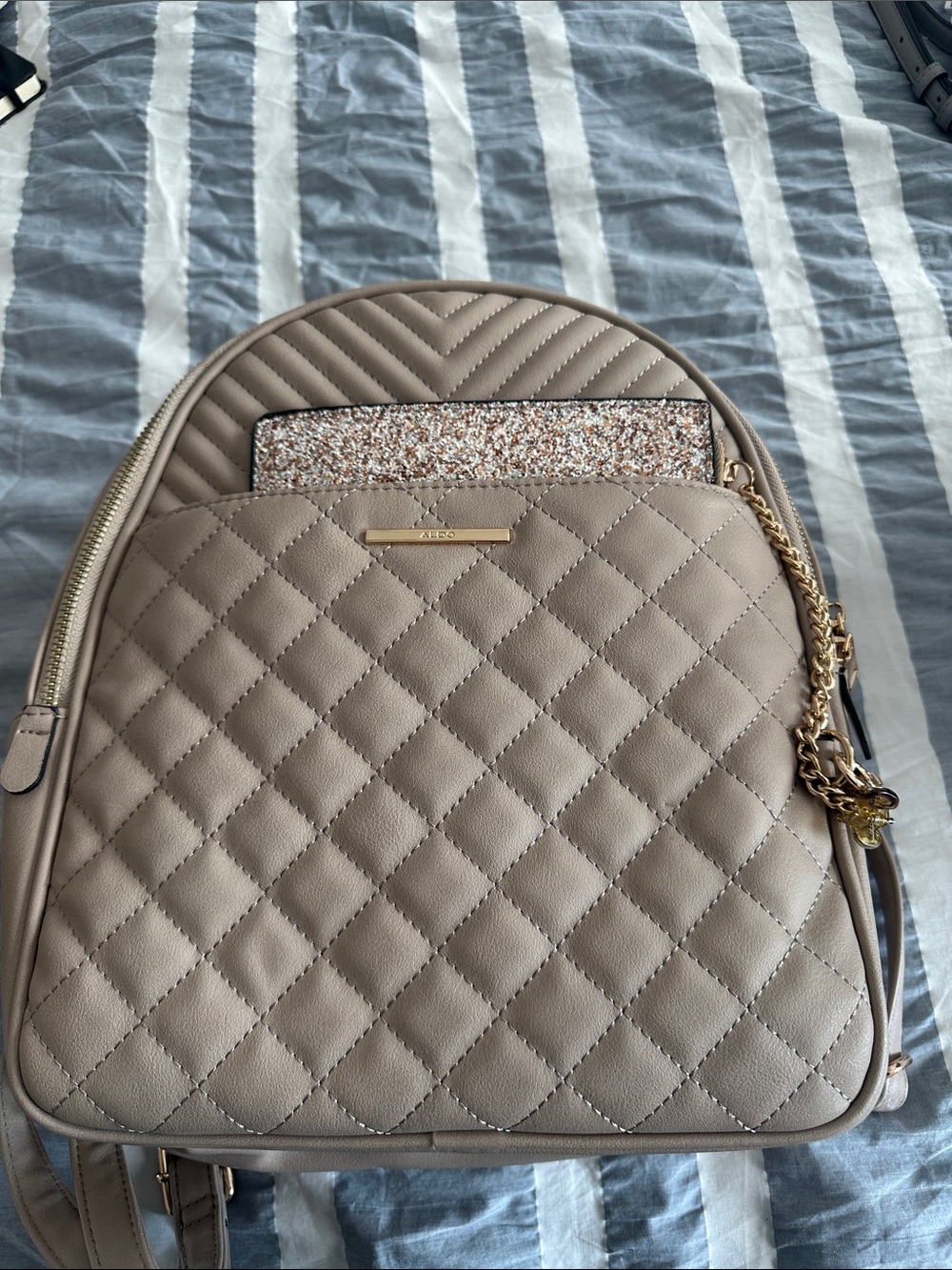 Aldo Quilted Taupe Backpack with Gold Chain Accent